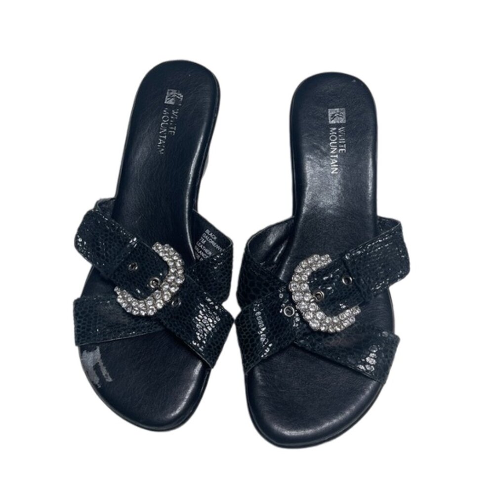 White Mountain Black Leather Wedge Sandals